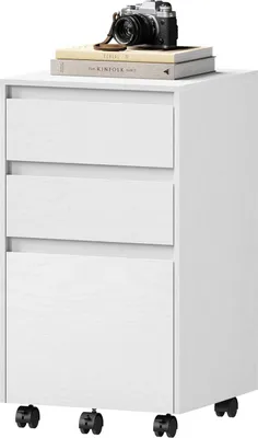A white mobile filing cabinet with three drawers, topped with two books and a camera.