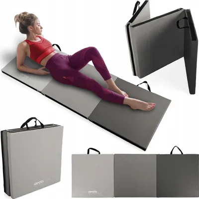 A collage of images showing a woman using a gym mat, the mat folded, and the mat unfolded in different configurations.