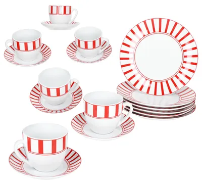 Produktbild von 18tlg Kaffeeservice Split rot Streifen Porzellan 6 Pers. Tasse Untertasse Teller gestreift