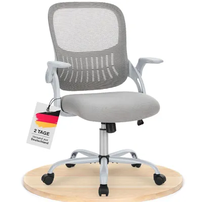 Produktbild von Bürostuhl – Ergonomischer Sitz – Sessel mit 90° klappbarer Armlehne – Lordosenstütze – höhenverstellbar - Drehstuhl - Chefsessel  - Grau