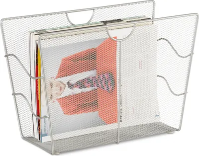 Produktbild von Relaxdays Zeitungsständer Mesh, Zeitschriftensammler Metall, Zeitungshalter stehend, HxBxT: 27 x 39 x 17 cm, silber