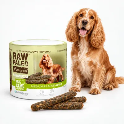 Imagen del producto de Bocadillo para perros VetExpert Raw Paleo, sabor jabalí, tipo cabanossi, tamaño medio/grande, 100g