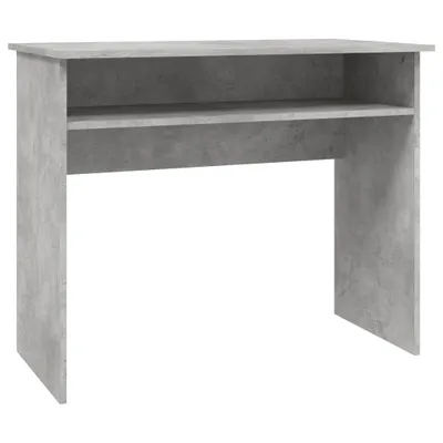 A simple, front-facing view of a gray desk with two shelves.