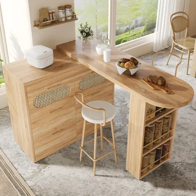 Produktbild von STILVORA Bartisch mit 360° drehbarer Tischplatte und Kippsicherung, Stehtisch mit 6 Schubladen und viel Stauraum, Bistrotisch mit PE-Rattan Türen und Metallgriffen, Natur