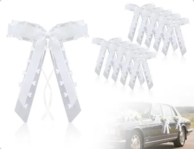 10x Autoschleifen für Hochzeitsautos, weiß, mit Herzen und Spitze