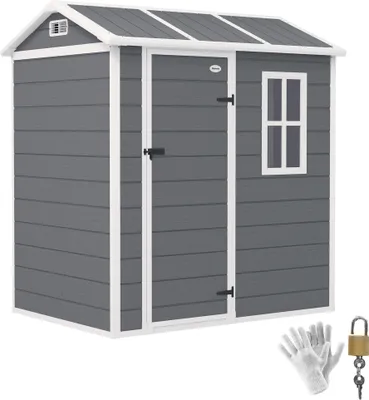 A gray plastic shed with white trim and a transparent roof is shown against a white background. Accessories like gloves and a padlock are placed in the bottom right corner.