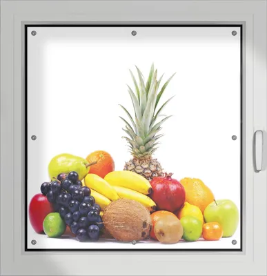 Produktbild von Wallario Lichtschutzbild, Dekorativer Sichtschutz Sonnenschutz 96 x 93 cm mit Motiv: Gemischtes Obst aus aller Welt - Exotische Obstsammlung - Verdunklung ohne Bohren