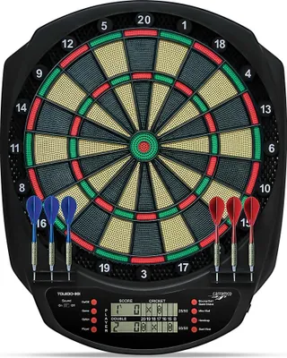 Produktbild von Carromco Elektronik Dartboard Toledo-301 3-Loch Abstand rot-grün-beige-schwarz 8 Spieler mit Softdarts,  43 Spielen 320 Variationen