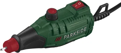 A close-up studio shot of a green and black rotary tool with a red switch and dial.