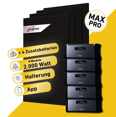Produktbild von Balkonstrom Balkonkraftwerk 2000W mit Speicher | 4xZusatzspeicher | Bitumendachhalterung | 4xSolarmodul Bifazial | Hoymiles AC1920 | Kabel 20m