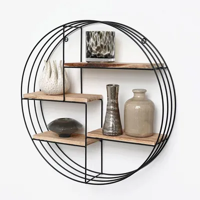 Produktbild von Rundes Wandregal aus schwarzem Metall – Rundes schwarzes Regal – 4 Holzablagen – Rundes Regal – 50 x 11 cm