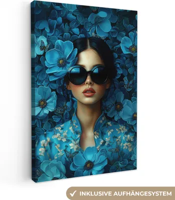 Produktbild von Leinwand Bilder 80x120 cm - Frauen, Abstrakt - Schmetterlinge - Blumen - Blau, Wandbilder, Wanddeko Wohnzimmer, Bild