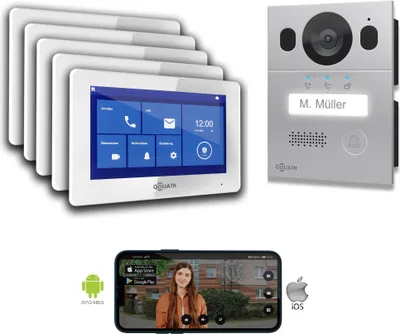Produktbild von Goliath Basic Line 2-Draht Video Türsprechanlage Weiß/Silber : 5 Monitore : Aufputzdose Monitor Anzahl: 5 Monitore Türklingel Montagedose: Aufputzdose