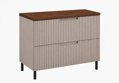 Produktbild von Badezimmerschrank stehend 80, gerillte Front 16 mm, Kaschmir + Platte Nussbaum-Eiche, gefräste Griffe, runde Füße 15 cm, 80 x 46 x 7, KI-generiertes Bild