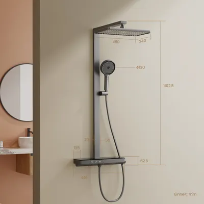 Produktbild von EMKE Duschsystem mit Thermostat, Duschpaneel, Luxus-Regendusche 36x24cm, 3-in-1 Bad- & Duscharmaturen für Ihr modernes Bad, KTW, Anthrazit Matt