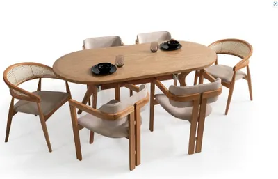 Produktbild von Essgruppe Esszimmergruppe Esstisch Oval mit 6 Stühlen Gepolstert Beige
