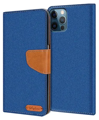 Produktbild von Denim Handy Tasche für Apple iPhone 12 / 12 Pro Hülle (6.1) Jeans Look Book Case Schutzhülle, Blau
