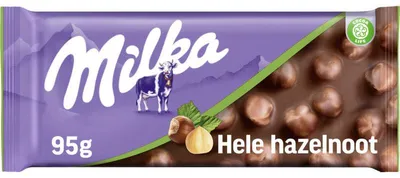 Zdjęcie produktu dla Milka Chocoladereep Cały Orzech Laskowy 95g – Delikatna alpejska czekolada mleczna z orzechami laskowymi
