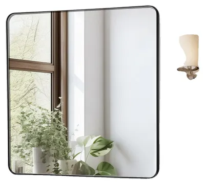Obrázok produktu pre VEVOR nástenné zrkadlo zrkadlo na líčenie kúpeľňové zrkadlo 915 x 915 x 25 mm čierny rám zrkadlo z hliníkovej zliatiny s držiakom v tvare Z
