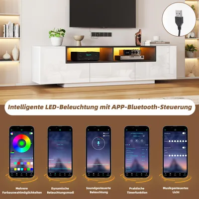 Produktbild von okwish TV-Schränke Lowboard mit Schubladen und LED-Licht,Standfernsehschrank in Hochglanzweiß,für 75-Zoll-Fernseher,Weiß
