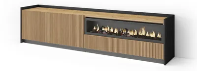 Immagine prodotto di Mobile TV Soggiorno, Ampio spazio a disposizione, 207x37x50 cm, Per TV fino a 80", Camino elettrico, Led, Stile moderno, Rovere e nero