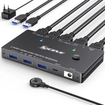Zdjęcie produktu dla Przełącznik KVM HDMI, obsługujący 2 komputery i 1 monitor, z rozdzielczością 4K przy 144 Hz oraz 8K przy 60 Hz