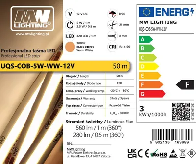 Zdjęcie produktu dla Profesjonalna taśma LED COB 5 W 12 V, ciepła biel, 50 m