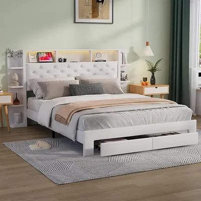 Image de Lit tapissier 140x200 cm avec tiroir, lit double avec éclairage LED et port USB, lit avec rangement et sommier à lattes, cadre de lit avec tête de lit, lit multifonctionnel, flanelle, blanc