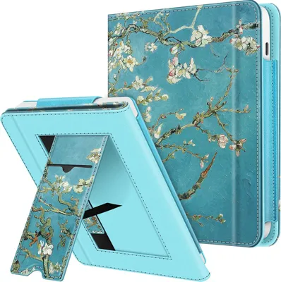 Produktbild von Fintie Hülle kompatibel für Tolino Vision 6 (2021) / Kobo Libra 2 (2021) - Kickstand Schutzhülle mit Kartenfach Handschlaufe und Auto Sleep/Wake Funktion, Mandelblüten