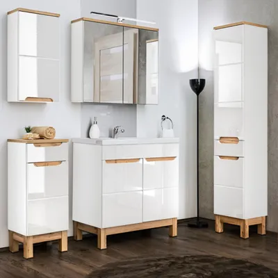 Produktbild von Badmöbel Komplett-Set mit 80cm Keramikwaschtisch & LED-Spiegelschrank SOLNA-56 in Hochglanz weiß, B/H/T ca.: 180/200/46 cm