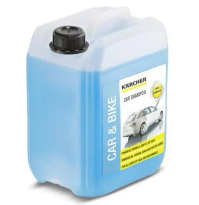 A plastic container of blue car shampoo.