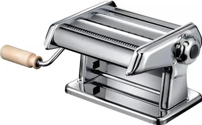 A chrome pasta maker with a wooden handle is shown against a white background.