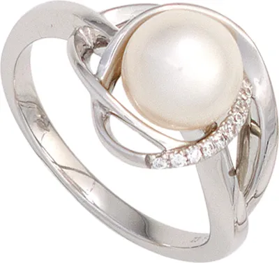 Produktbild von JOBO Damen Ring 585 Gold Weißgold 1 Süßwasser Perle 9 Diamanten Brillanten Goldring Größe 56