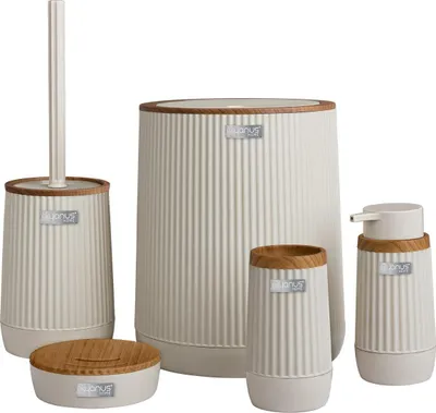 Produktbild von OKYANUS | Badezimmer Set - Nida - 5 Teile - Beige Holz - Modernes Design - Praktisch und Stilvoll