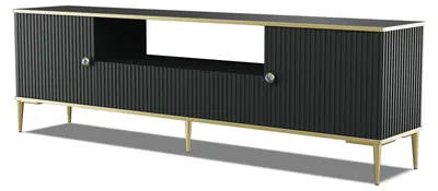 Imagen del producto de Mueble de TV PETRA de 180 cm, diseño 2D1S, color  mate, con patas metálicas doradas. Bajo TV con cajón, mueble de pie, mueble de televisión. Diseño moderno, estilo loft. Mesa de televisión, aparador