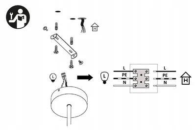 Diagram showing the assembly and wiring of a pendant light fixture.
