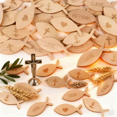 100 Holz-Fische Deko mit Stoffbeutel für Tisch & Feier