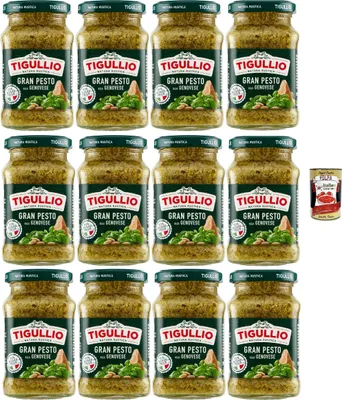 Produktbild von Tigullio Gran Pesto alla Genovese 12 x 190 g – Basilikum-Pesto mit Pinienkernen & Käse, cremig, servierfertig für Pasta, Sandwich & Bruschetta, Vorratspack + Italian Gourmet polpa