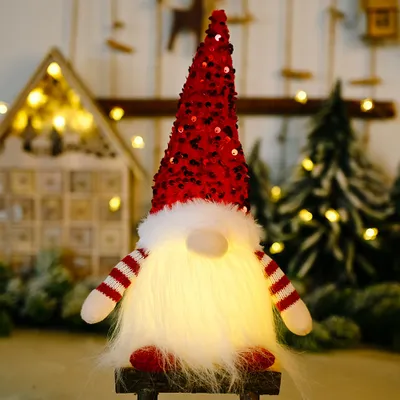 A Christmas gnome decoration with lights, set against a blurred background of a festive house and trees.