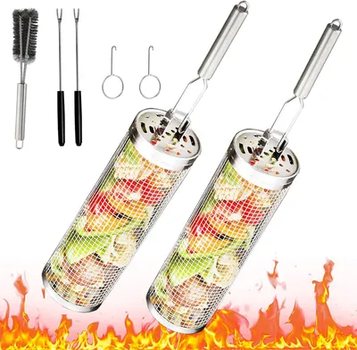 Produktbild von AKKEE Rollgrillkorb Edelstahl 304 für Pommes, Gemüse, Fleisch & Fisch, 2er Set, Silber, 33x9.5x9.5 cm, inkl. Haken, Reinigungsbürste & Gabeln
