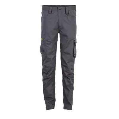 A pair of gray cargo pants is shown against a white background.
