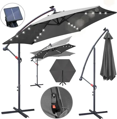 Produktbild von Faziango Sonnenschirm 3m Grau mit LED Beleuchtung, Gartenschirm mit Kurbel, UV 50+ Sonnenschutz, kippbar & stabil, inkl. Kreuzfuß, für Terrasse Garten