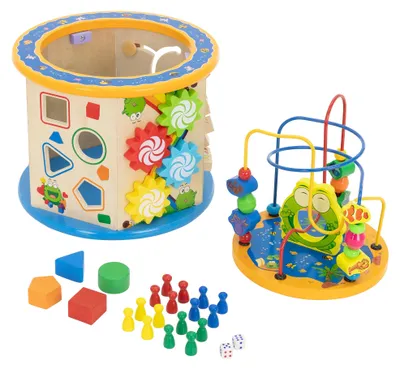 Obrázek produktu pro Joyz Motorický kostka 8 v 1 dřevěná, Montessori hračka Dřevěná hračka pro kojence a batolata, multifunkční aktivní kostka a motorická smyčka, od 1 roku