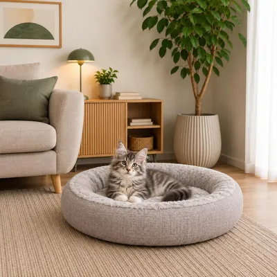 Produktbild von belviona Katzenbett rund, Katzenkorb in Doughnut-Form, abnehmbarer Bezug, waschbar & rutschfest, 55 cm Durchmesser, grau