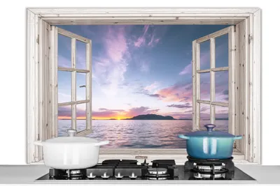 Produktbild von KitchenYeah®  Spritzschutz Küche - Küchenrückwand - Wandschutz für Herd und Spüle - Aussicht - Meer - Insel 120x80 - Alu-Dibond (Alternative zum Spritzschutz aus Glas) - Hitzebeständig - Herdspritzsch