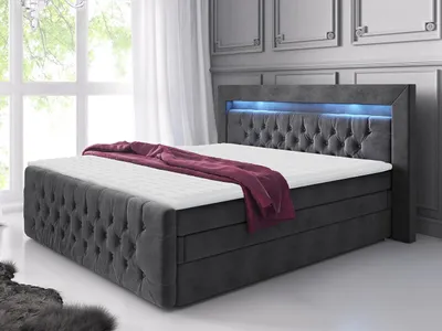 Obrázek produktu pro Boxspringová postel s LED osvětlením a úložným prostorem 180x200 DELBIN 1 - šedá + topper