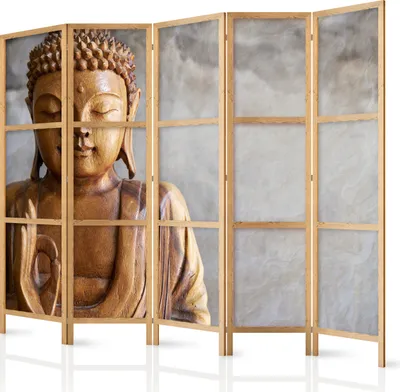 Immagine prodotto di Schermo XXL 225x171 cm 5 pezzi monofacciale elegante schermo per la privacy parete divisoria divisoria in legno design motivo deco casa ufficio Buddha botanica natura b-B-0193-bh-c