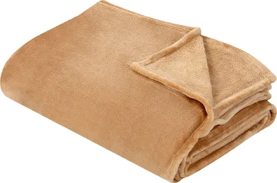 A folded sandbeige blanket is shown against a white background.