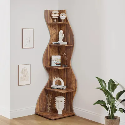 Image de Étagère d'angle - Bibliothèque murale d'angle à 5 étagères - Étagère au sol de style rustique - Petite bibliothèque et support pour plantes - Rangement peu encombrant - Kaki foncé