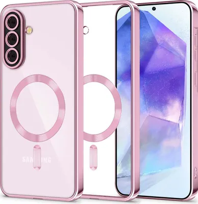 A pink and transparent phone case with a magnetic ring for MagSafe, shown next to a phone.